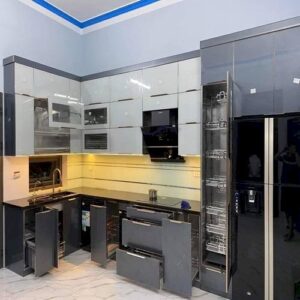 Tủ Bếp Cánh Kính Cường Lực ( Ghi Xám)